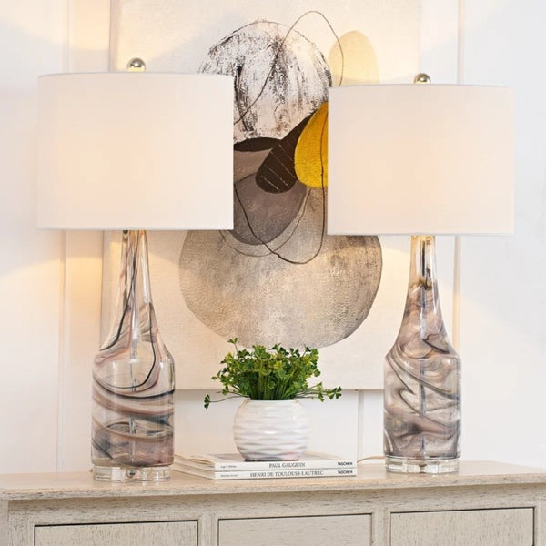 English Elm 29 Inch Hand Blown Glass Bedside Lamp Set Two Dimmable Crystal Base Linen Shade T6202P543339