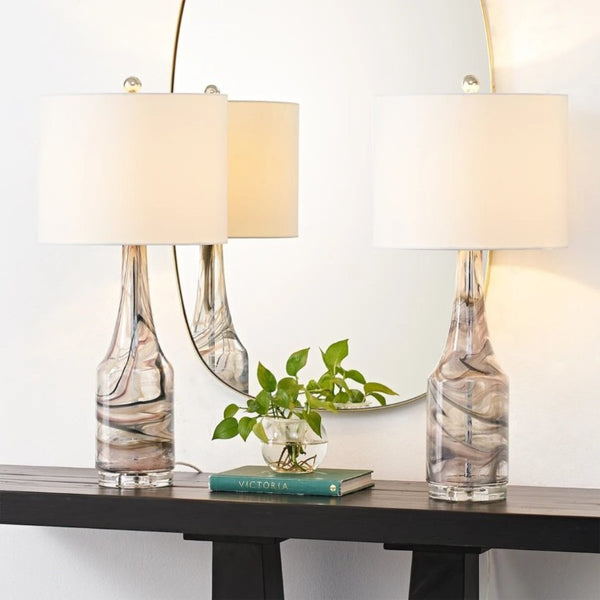 English Elm 29 Inch Hand Blown Glass Bedside Lamp Set Two Dimmable Crystal Base Linen Shade T6202P543339
