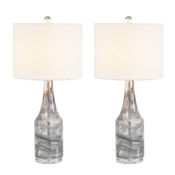 English Elm 29 Inch Hand Blown Glass Bedside Lamp Set Two Dimmable Crystal Base Linen Shade T6202P543339
