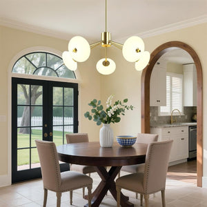 English Elm Sputnik Gold Five Light Chandelier with Opal Glass Shades for Modern Dining Rooms T6202P543342