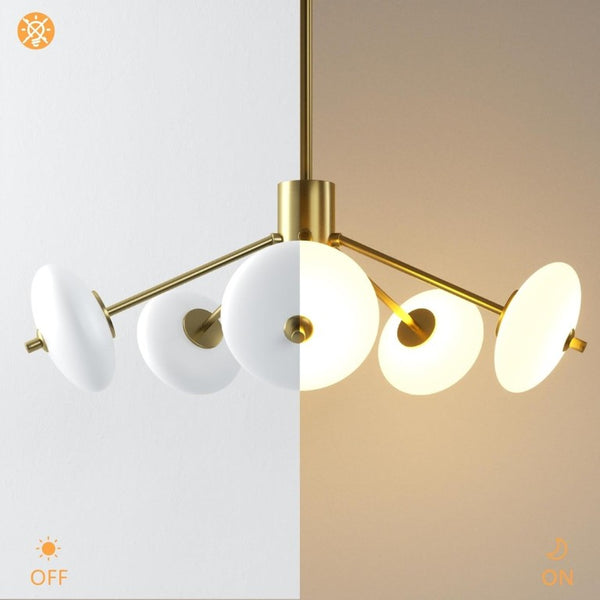 English Elm Sputnik Gold Five Light Chandelier with Opal Glass Shades for Modern Dining Rooms T6202P543342