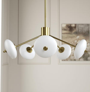 English Elm Sputnik Gold Five Light Chandelier with Opal Glass Shades for Modern Dining Rooms T6202P543342