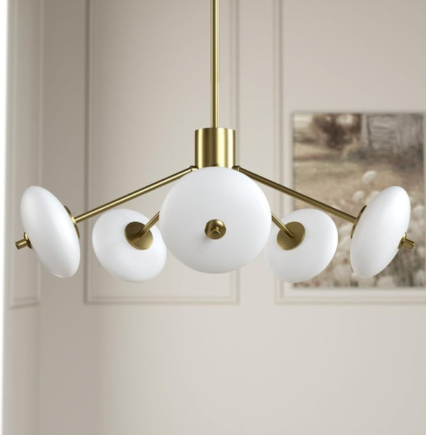 English Elm Sputnik Gold Five Light Chandelier with Opal Glass Shades for Modern Dining Rooms T6202P543342