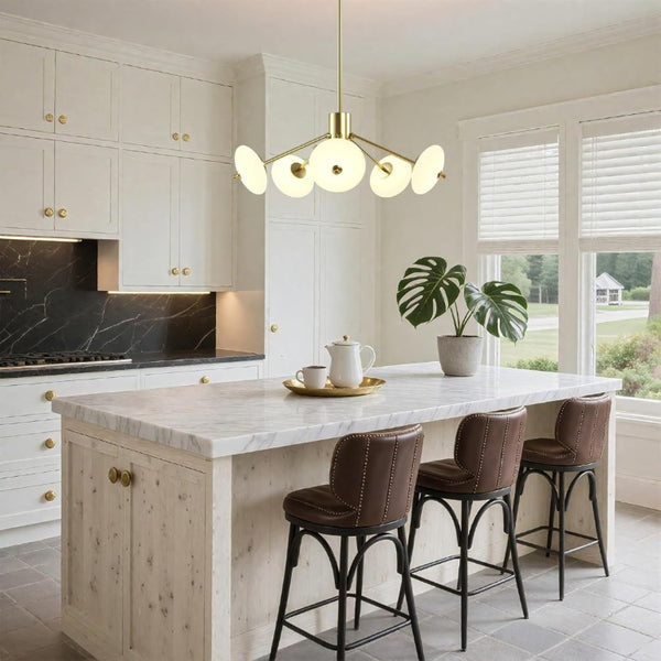 English Elm Sputnik Gold Five Light Chandelier with Opal Glass Shades for Modern Dining Rooms T6202P543342