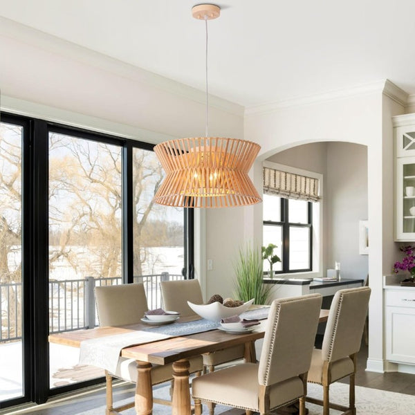 English Elm Wooden Boho Wicker Chandelier 3 Light Farmhouse Pendant for Kitchen Island or Bedroom T6202P543956