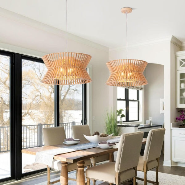 English Elm Wooden Boho Wicker Chandelier 3 Light Farmhouse Pendant for Kitchen Island or Bedroom T6202P543956