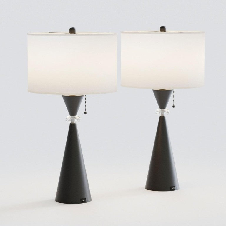 English Elm 28 Inch Black Metal Hourglass Table Lamp Set with USB Ports and White Drum Shades T6202P543984