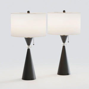 English Elm 28 Inch Black Metal Hourglass Table Lamp Set with USB Ports and White Drum Shades T6202P543984