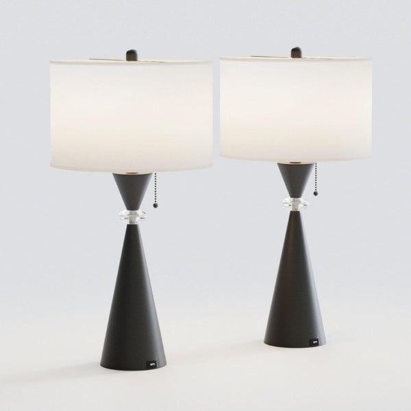English Elm 28 Inch Black Metal Hourglass Table Lamp Set with USB Ports and White Drum Shades T6202P543984