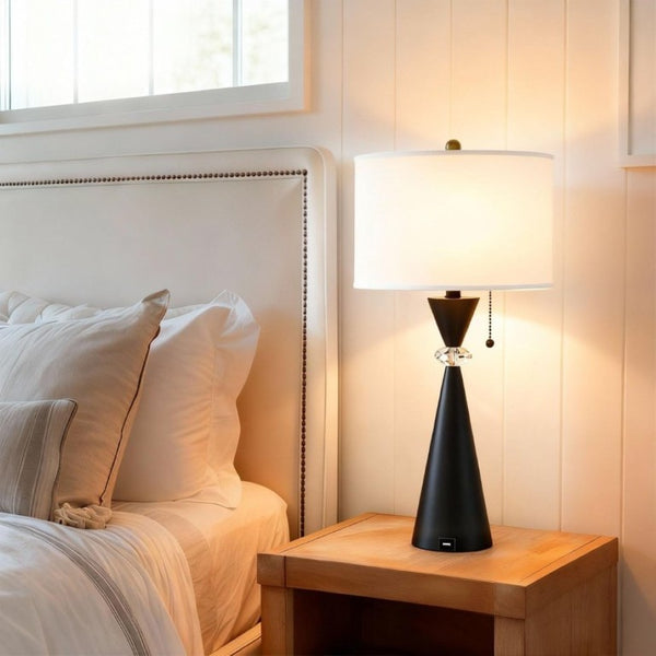 English Elm 28 Inch Black Metal Hourglass Table Lamp Set with USB Ports and White Drum Shades T6202P543984