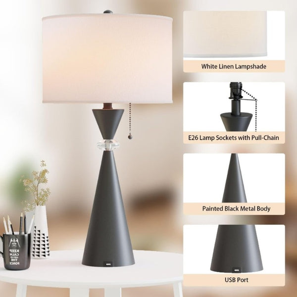 English Elm 28 Inch Black Metal Hourglass Table Lamp Set with USB Ports and White Drum Shades T6202P543984
