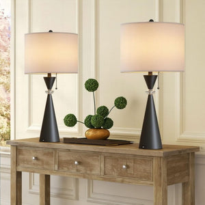 English Elm 28 Inch Black Metal Hourglass Table Lamp Set with USB Ports and White Drum Shades T6202P543984