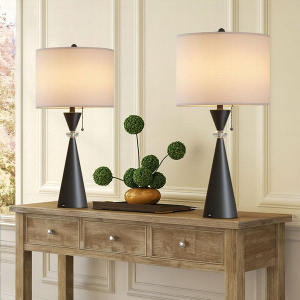 English Elm 28 Inch Black Metal Hourglass Table Lamp Set with USB Ports and White Drum Shades T6202P543984