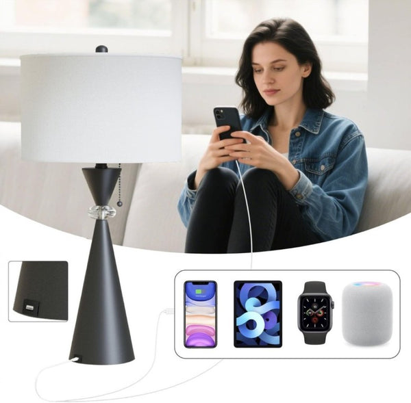 English Elm 28 Inch Black Metal Hourglass Table Lamp Set with USB Ports and White Drum Shades T6202P543984