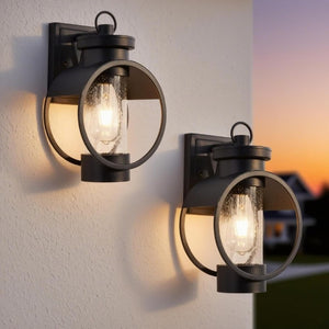 English Elm Dusk to Dawn Seeded Glass Outdoor Wall Sconce Matte Black Photocell 2 Pack T6202P544011