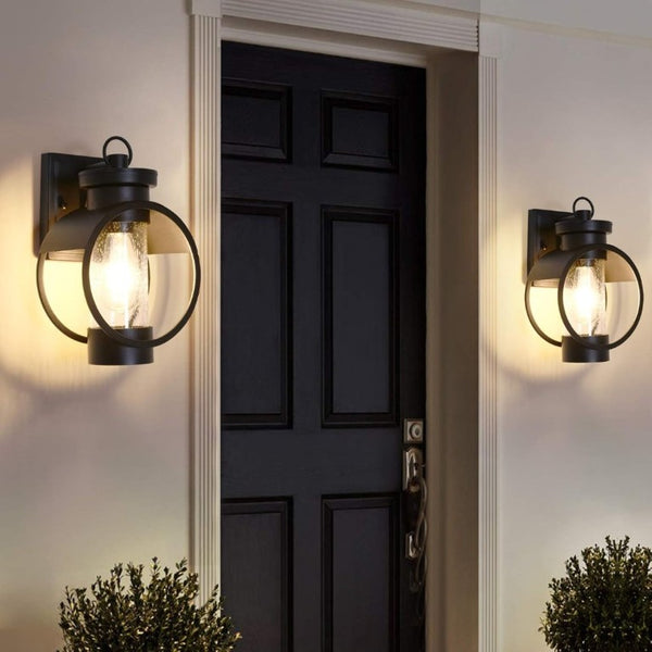 English Elm Dusk to Dawn Seeded Glass Outdoor Wall Sconce Matte Black Photocell 2 Pack T6202P544011