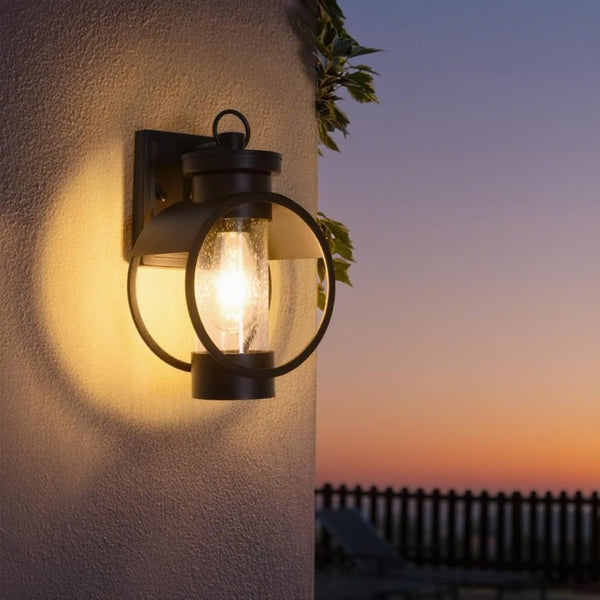 English Elm Dusk to Dawn Seeded Glass Outdoor Wall Sconce Matte Black Photocell 2 Pack T6202P544011