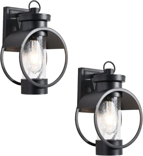 English Elm Dusk to Dawn Seeded Glass Outdoor Wall Sconce Matte Black Photocell 2 Pack T6202P544011