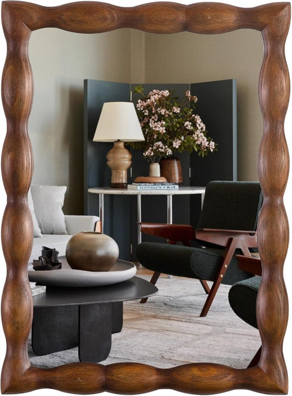 English Elm Irregula Solid Pine Dark Walnut Rectangular Wall Mirror Handcrafted Frame for Bedroom T6202P544572