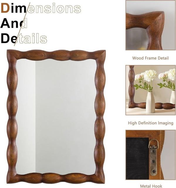 English Elm Irregula Solid Pine Dark Walnut Rectangular Wall Mirror Handcrafted Frame for Bedroom T6202P544572