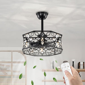 English Elm 19.3''H Black Metal Fandelier with Crystal Floral Cage Modern Industrial Ceiling Fan T6202P545786