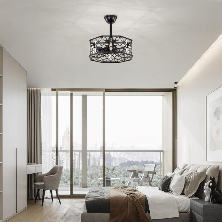English Elm 19.3''H Black Metal Fandelier with Crystal Floral Cage Modern Industrial Ceiling Fan T6202P545786