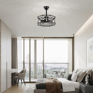 English Elm 19.3''H Black Metal Fandelier with Crystal Floral Cage Modern Industrial Ceiling Fan T6202P545786