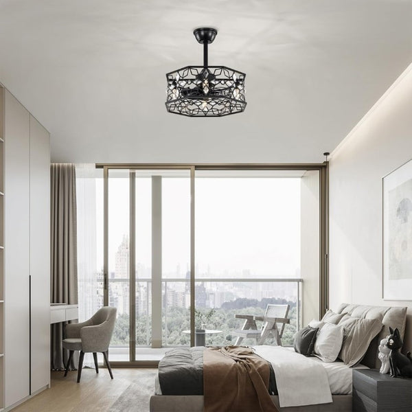 English Elm 19.3''H Black Metal Fandelier with Crystal Floral Cage Modern Industrial Ceiling Fan T6202P545786