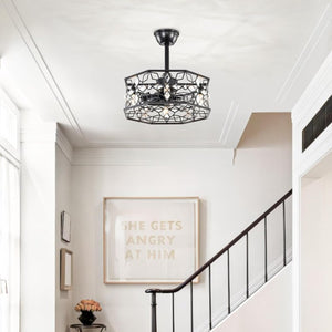 English Elm 19.3''H Black Metal Fandelier with Crystal Floral Cage Modern Industrial Ceiling Fan T6202P545786