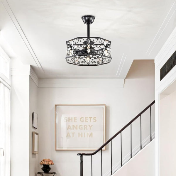 English Elm 19.3''H Black Metal Fandelier with Crystal Floral Cage Modern Industrial Ceiling Fan T6202P545786
