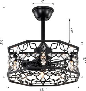 English Elm 19.3''H Black Metal Fandelier with Crystal Floral Cage Modern Industrial Ceiling Fan T6202P545786