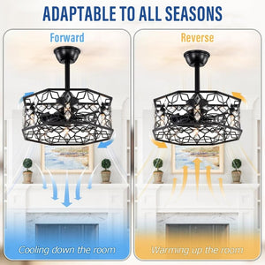 English Elm 19.3''H Black Metal Fandelier with Crystal Floral Cage Modern Industrial Ceiling Fan T6202P545786