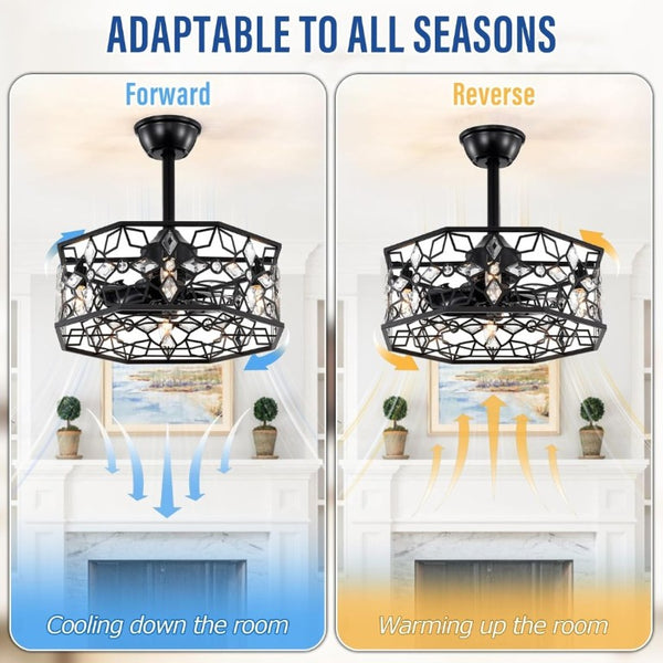 English Elm 19.3''H Black Metal Fandelier with Crystal Floral Cage Modern Industrial Ceiling Fan T6202P545786