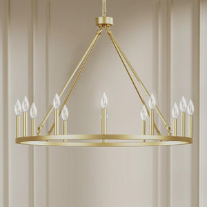 English Elm 39.3 Inch Brushed Gold Wagon Wheel Chandelier 16 Light Farmhouse Fixture for Tall Foyers T6202P545856