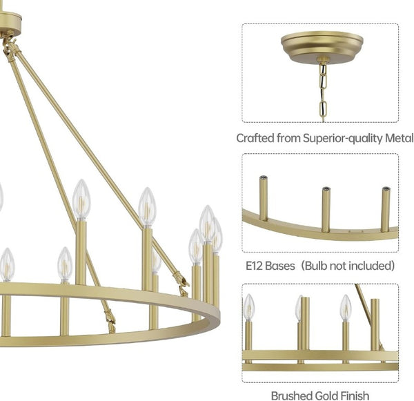 English Elm 39.3 Inch Brushed Gold Wagon Wheel Chandelier 16 Light Farmhouse Fixture for Tall Foyers T6202P545856