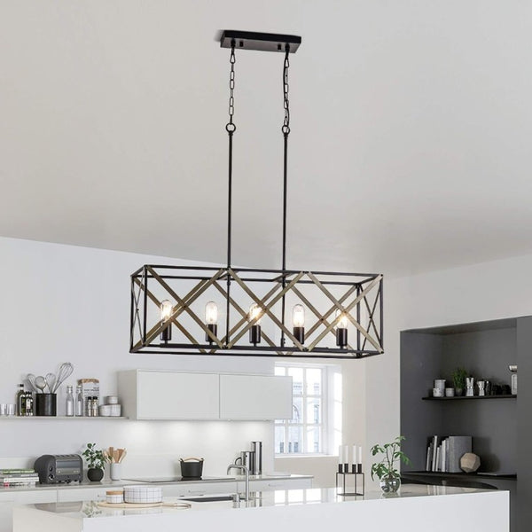 English Elm 33.7''W Five Light Brushed Nickel Chandelier Modern Cylinder Pendant for Kitchen Island T6202P546172