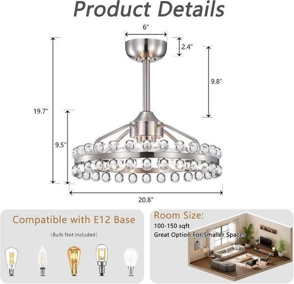 English Elm 20.8W Crystal Cage Flush Mount Ceiling Fan Brushed Nickel Remote 6 Speed Bedroom T6202P546277