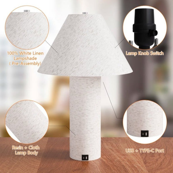 English Elm 22.75 Inch Resin Table Lamp with Linen Shade and USB Charging Ports for Bedroom T6202P547864