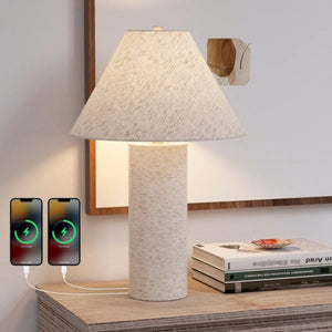 English Elm 22.75 Inch Resin Table Lamp with Linen Shade and USB Charging Ports for Bedroom T6202P547864