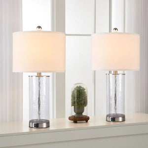 English Elm 23.25 Inch Nickel Glass Metal Table Lamp Set Two with USB Charging Bedside Modern T6202P549525