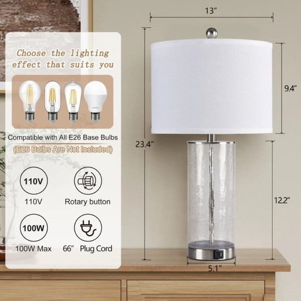 English Elm 23.25 Inch Nickel Glass Metal Table Lamp Set Two with USB Charging Bedside Modern T6202P549525