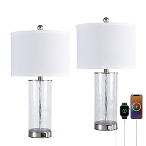 English Elm 23.25 Inch Nickel Glass Metal Table Lamp Set Two with USB Charging Bedside Modern T6202P549525