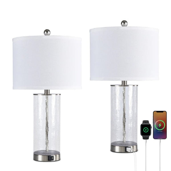 English Elm 23.25 Inch Nickel Glass Metal Table Lamp Set Two with USB Charging Bedside Modern T6202P549525