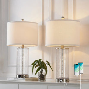 English Elm 23.25 Inch Nickel Glass Metal Table Lamp Set Two with USB Charging Bedside Modern T6202P549525