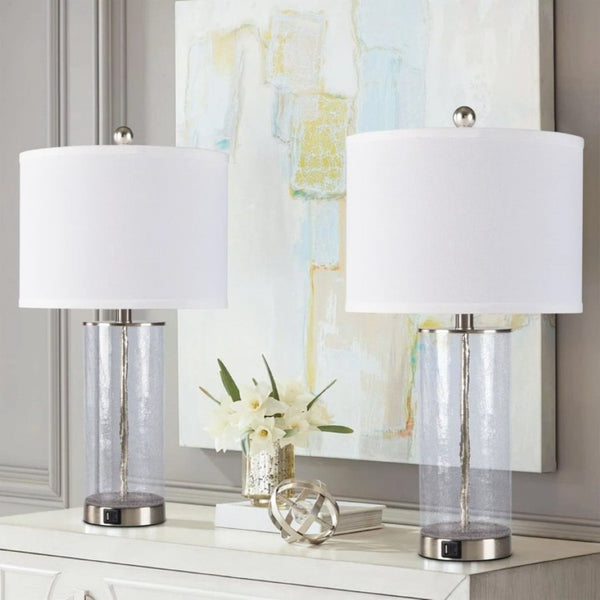 English Elm 23.25 Inch Nickel Glass Metal Table Lamp Set Two with USB Charging Bedside Modern T6202P549525