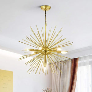 English Elm Gold Sputnik Seven Light Starburst Chandelier Mid Century Metal Pendant for Dining Entryway T6202P549529