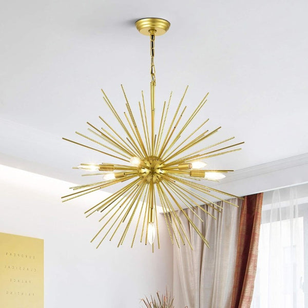English Elm Gold Sputnik Seven Light Starburst Chandelier Mid Century Metal Pendant for Dining Entryway T6202P549529