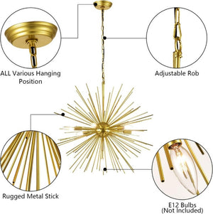 English Elm Gold Sputnik Seven Light Starburst Chandelier Mid Century Metal Pendant for Dining Entryway T6202P549529