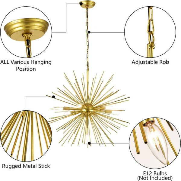 English Elm Gold Sputnik Seven Light Starburst Chandelier Mid Century Metal Pendant for Dining Entryway T6202P549529