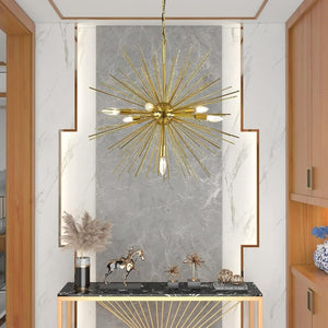 English Elm Gold Sputnik Seven Light Starburst Chandelier Mid Century Metal Pendant for Dining Entryway T6202P549529